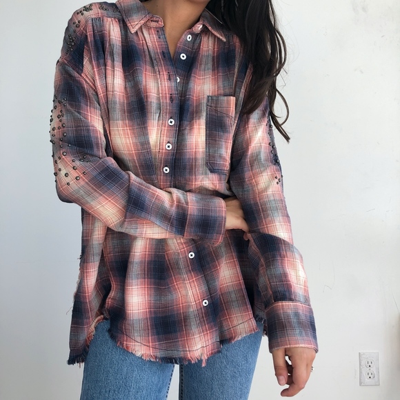 Free People Tops - NWT Free People plaid flannel studded plaid shirt